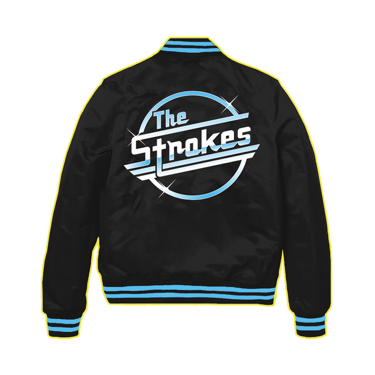 A black, Starter varsity jacket with blue trim on the collar, bottom, and cuffs, featuring the 'Strokes Magna' logo across the back. .