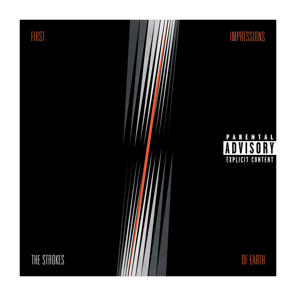 The album cover of 'First Impressions Of Earth' by The Strokes with a 'Parental Advisory' label. The cover has a black background with white and red lines, and the text 'The Strokes - First Impressions Of Earth - LP'.