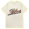 A beige t-shirt with 'The Strokes' striped logo printed on the front.