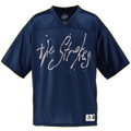 Navy blue sports jersey with 'The Strokes' stylized freehand text printed on the front.