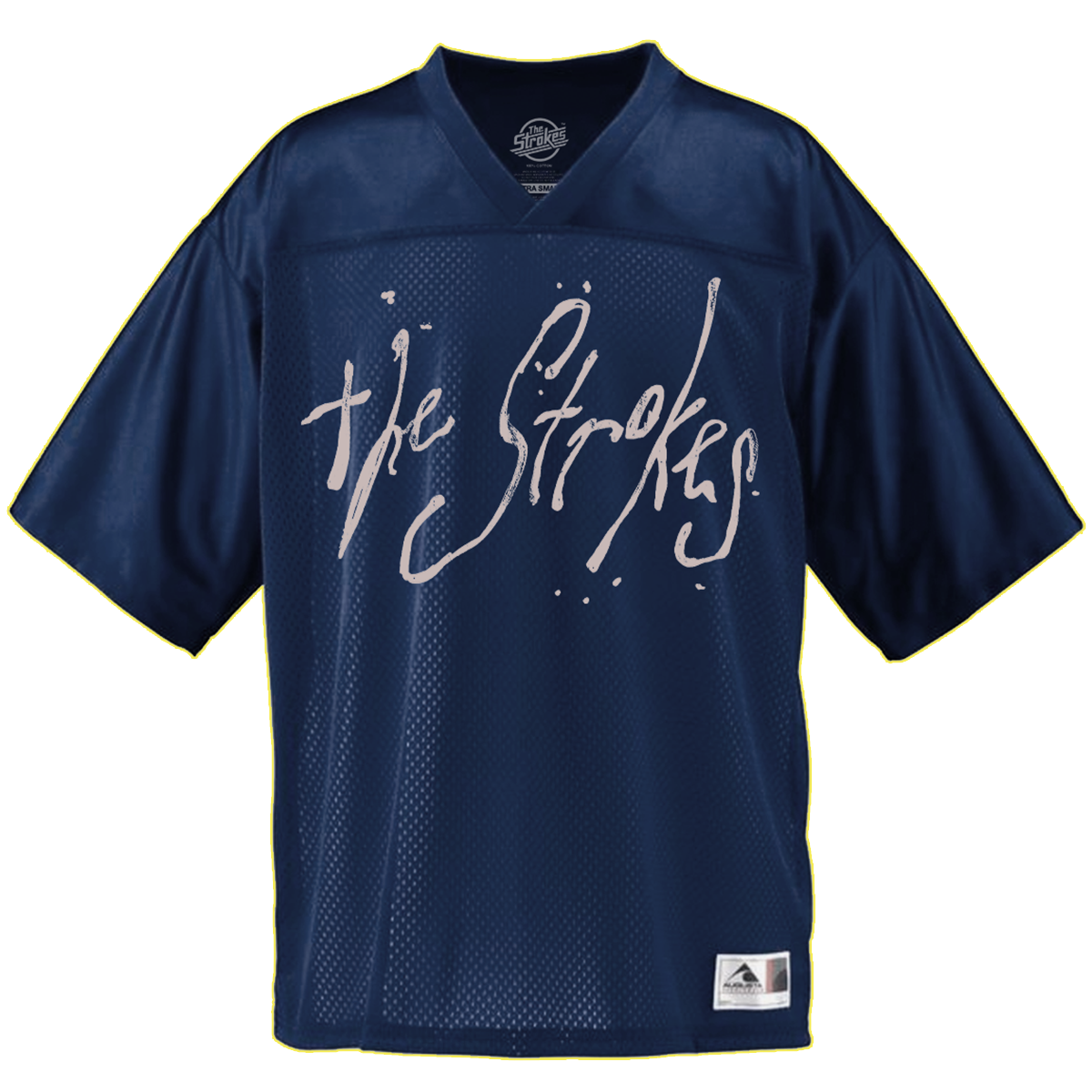 Navy blue sports jersey with 'The Strokes' stylized freehand text printed on the front.