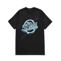 A black t-shirt with 'The Strokes' blue-chrome style logo printed on the front across the chest. 