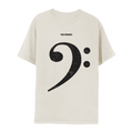 White, oversized t-shirt with a large bass clef design printed on the front and the text 'THE STrokes' above the design.