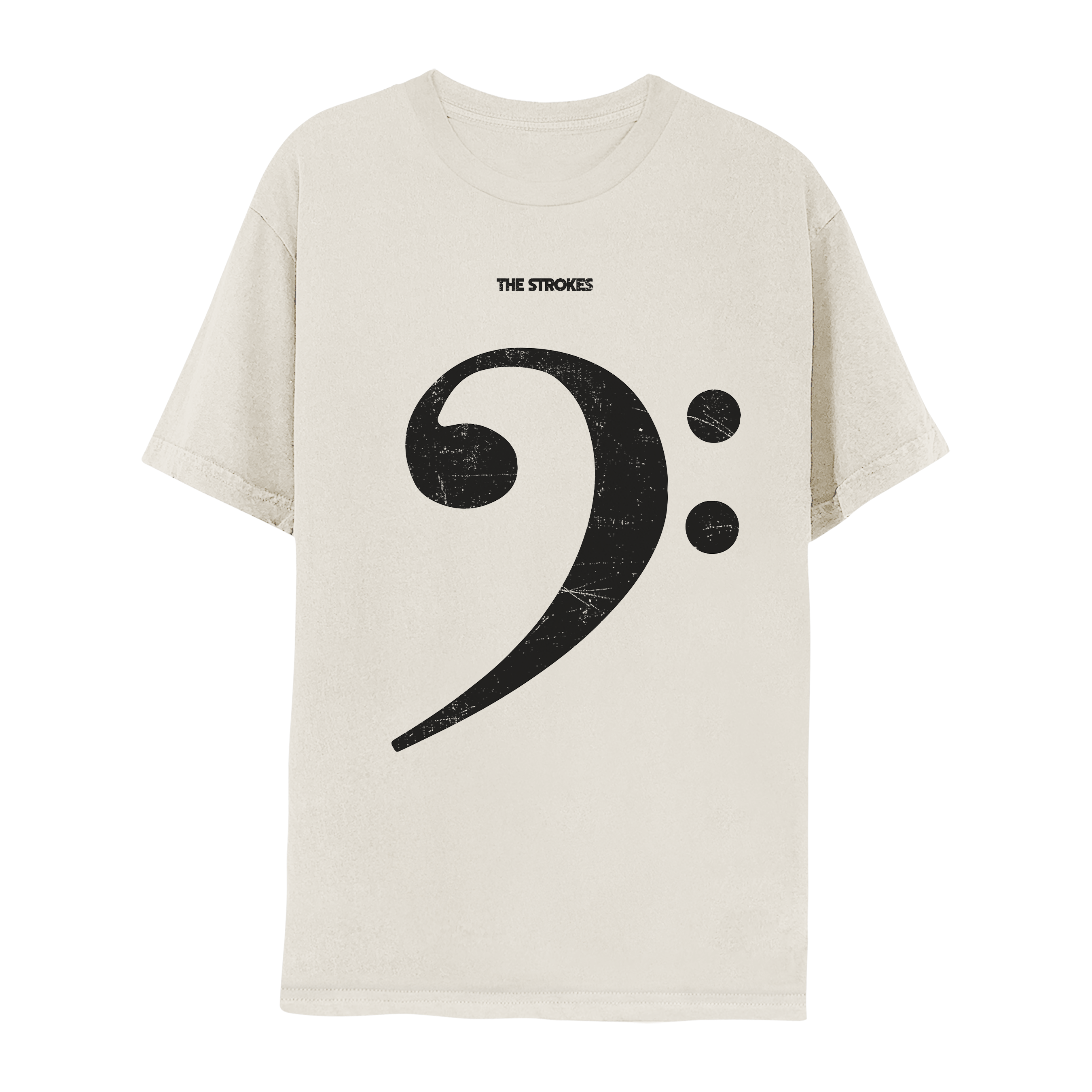 White, oversized t-shirt with a large bass clef design printed on the front and the text 'THE STrokes' above the design.
