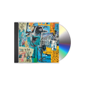 A CD poking out with a case with a colorful, graffiti-style artwork on the album cover.