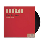 The album artwork for The Strokes' Comedown Machine with a black Vinyl poking out. The cover mimics a vintage RCA magnetic tape box, featuring a bold, textured red background and a classic, cream-colored RCA manufacturer label across the top. The album title is stamped in a minimalist, black sans-serif font across the center, giving the packaging a retro, analog media aesthetic.