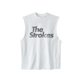 Unisex white crewneck sleeveless shirt with a vintage distressed The Strokes logo printed on the front in a washed black print.