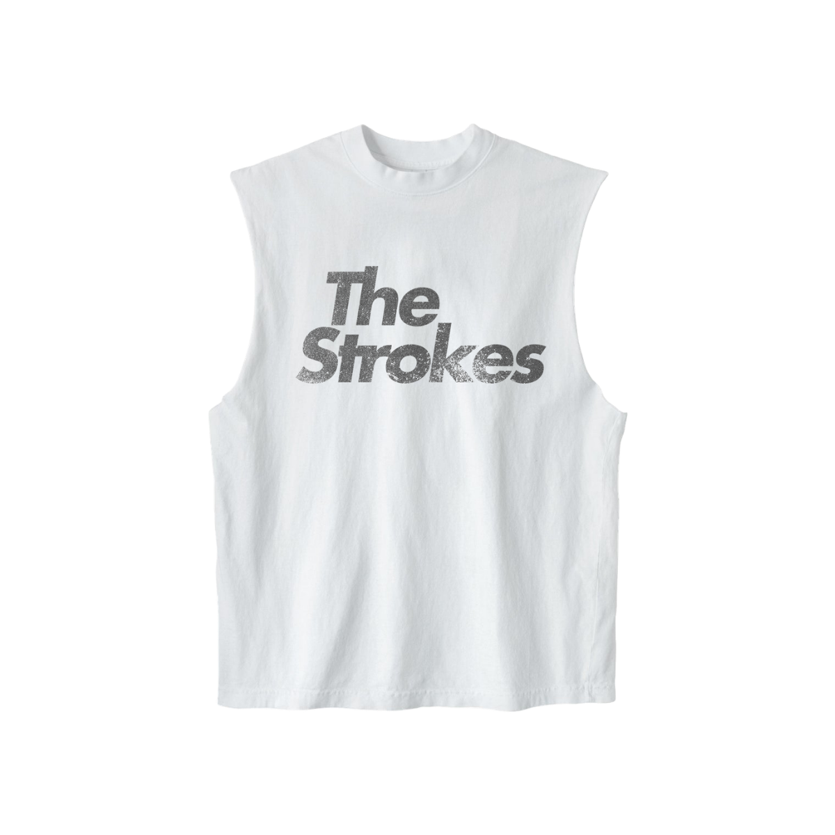 Unisex white crewneck sleeveless shirt with a vintage distressed The Strokes logo printed on the front in a washed black print.