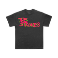 Garment-dyed washed black unisex crewneck t-shirt with a neon pink and yellow THE STROKES logo printed across the front in a spraypaint style font