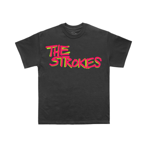Garment-dyed washed black unisex crewneck t-shirt with a neon pink and yellow THE STROKES logo printed across the front in a spraypaint style font