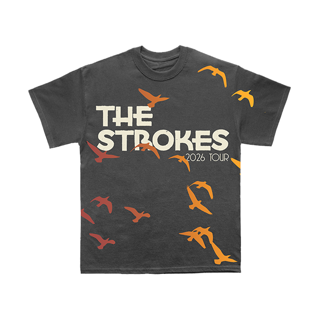 Gray t-shirt with 'The Strokes' 2026 tour text and bird patterns