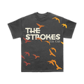 Gray t-shirt with 'The Strokes' 2026 tour text and bird patterns