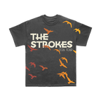Gray t-shirt with 'The Strokes' 2026 tour text and bird patterns
