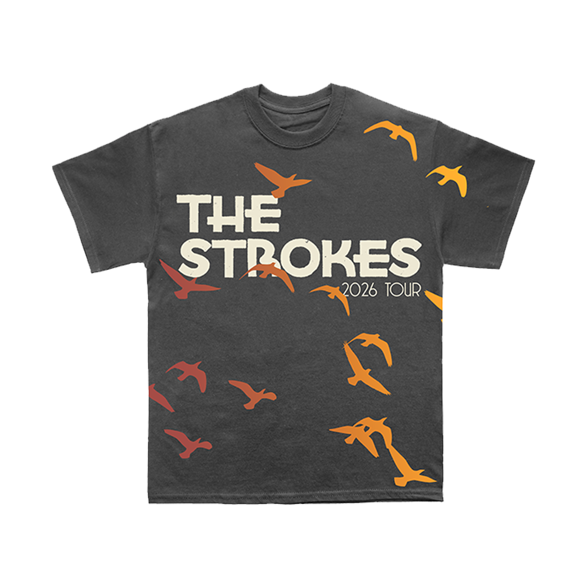Gray t-shirt with 'The Strokes' 2026 tour text and bird patterns