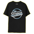 A black, crew neck t-shirt with the 'The Strokes' logo printed in blue on the front.