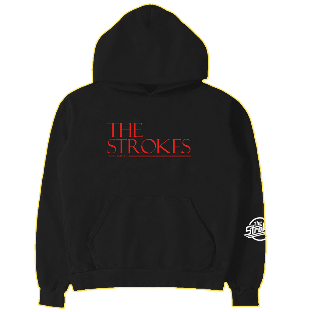 Black hoodie with 'The Strokes' text printed in red on the front across the chest and a white Strokes Chrome Logo on the left forearm. 