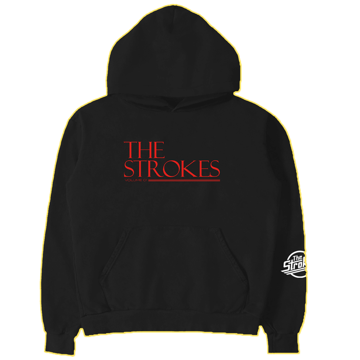 Black hoodie with 'The Strokes' text printed in red on the front across the chest and a white Strokes Chrome Logo on the left forearm. 