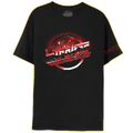 A black, crew neck t-shirt with the 'The Strokes' logo printed in red chrome on the front. With Red Text on the left sleeve 