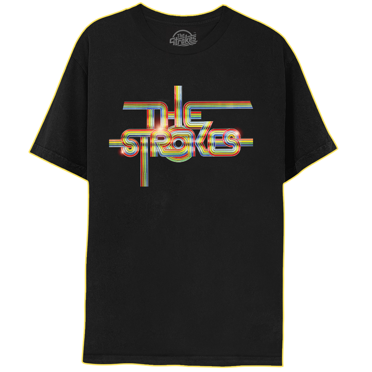 Black t-shirt with 'The Strokes' text in a ribbon design print on the front.