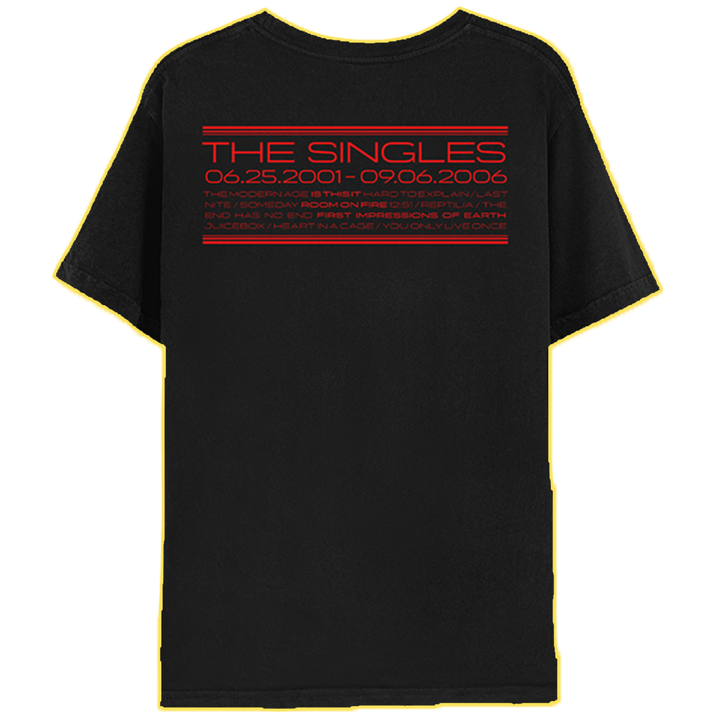 The back of a black tshirt with 'THE SINGLES VOLUME 01' text printed in red on the back. With the various singles 
