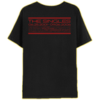 The back of a black tshirt with 'THE SINGLES VOLUME 01' text printed in red on the back. With the various singles 