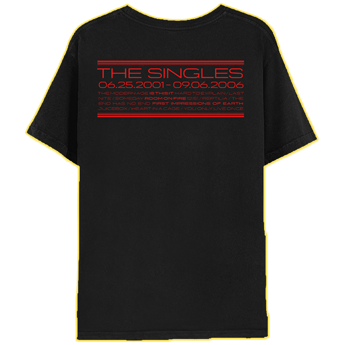 The back of a black tshirt with 'THE SINGLES VOLUME 01' text printed in red on the back. With the various singles 