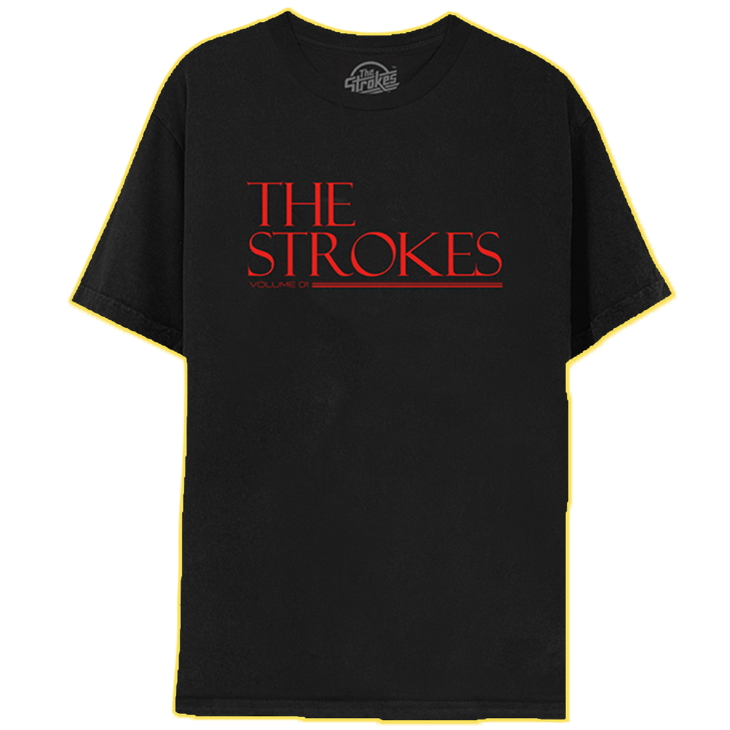The front of a Black shirt with 'THE STROKES' text printed in red on the front across the chest. 