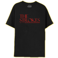 The front of a Black shirt with 'THE STROKES' text printed in red on the front across the chest. 