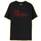 The front of a Black shirt with 'THE STROKES' text printed in red on the front across the chest. 