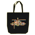 A black tote bag with 'The Strokes' text in a ribbon design format printed on the front.