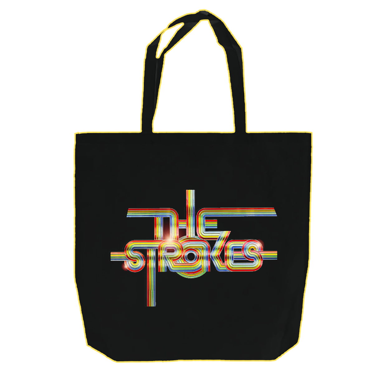 A black tote bag with 'The Strokes' text in a ribbon design format printed on the front.