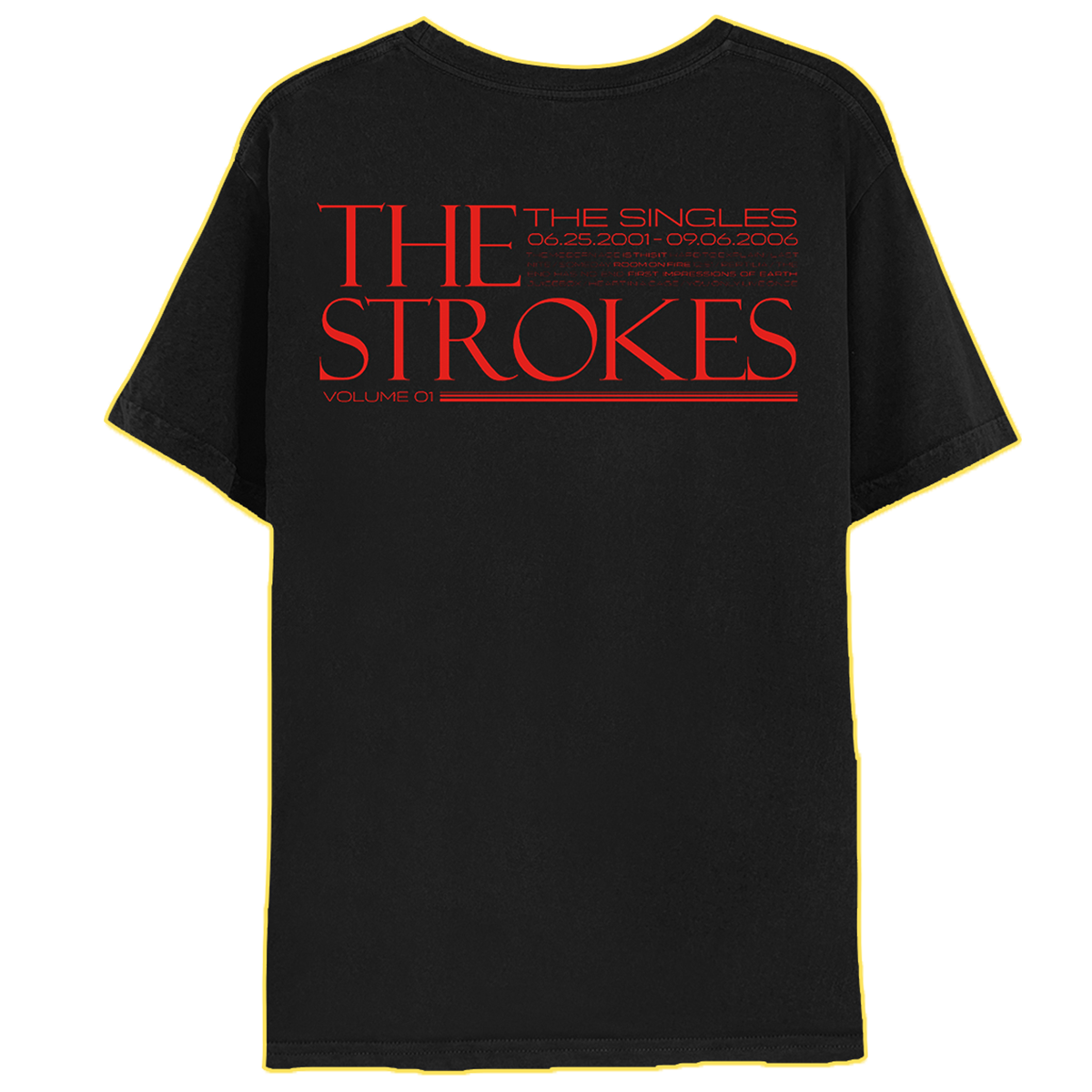 The back of a black shirt with "THE STROKES" in red prominently with The SINGLES, 06.25.2001-09.06.2006 and Volume 1" surrounding in smaller text 