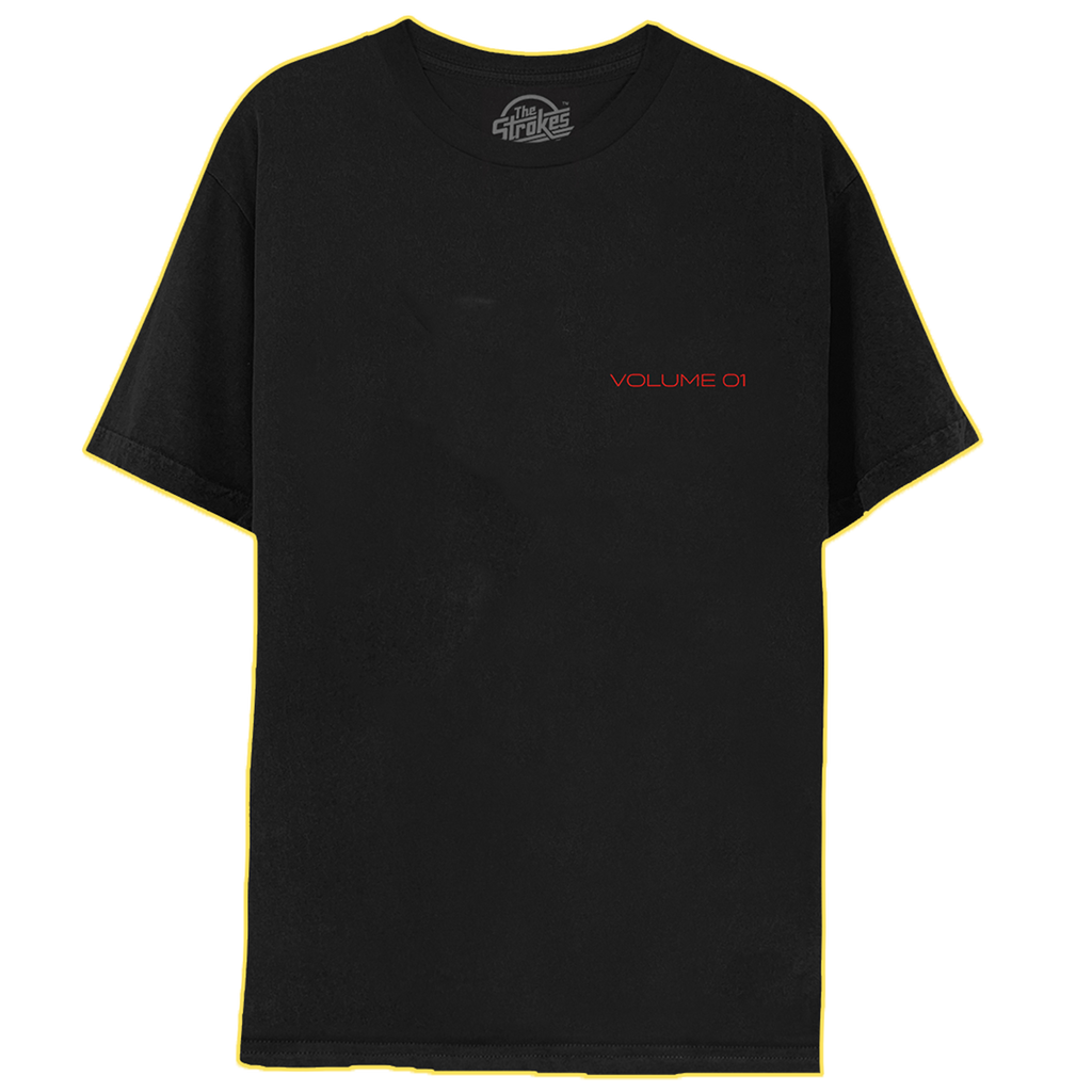 The front of a shirt with the text 'VOLUME 01' printed in red on the front pocket area. 