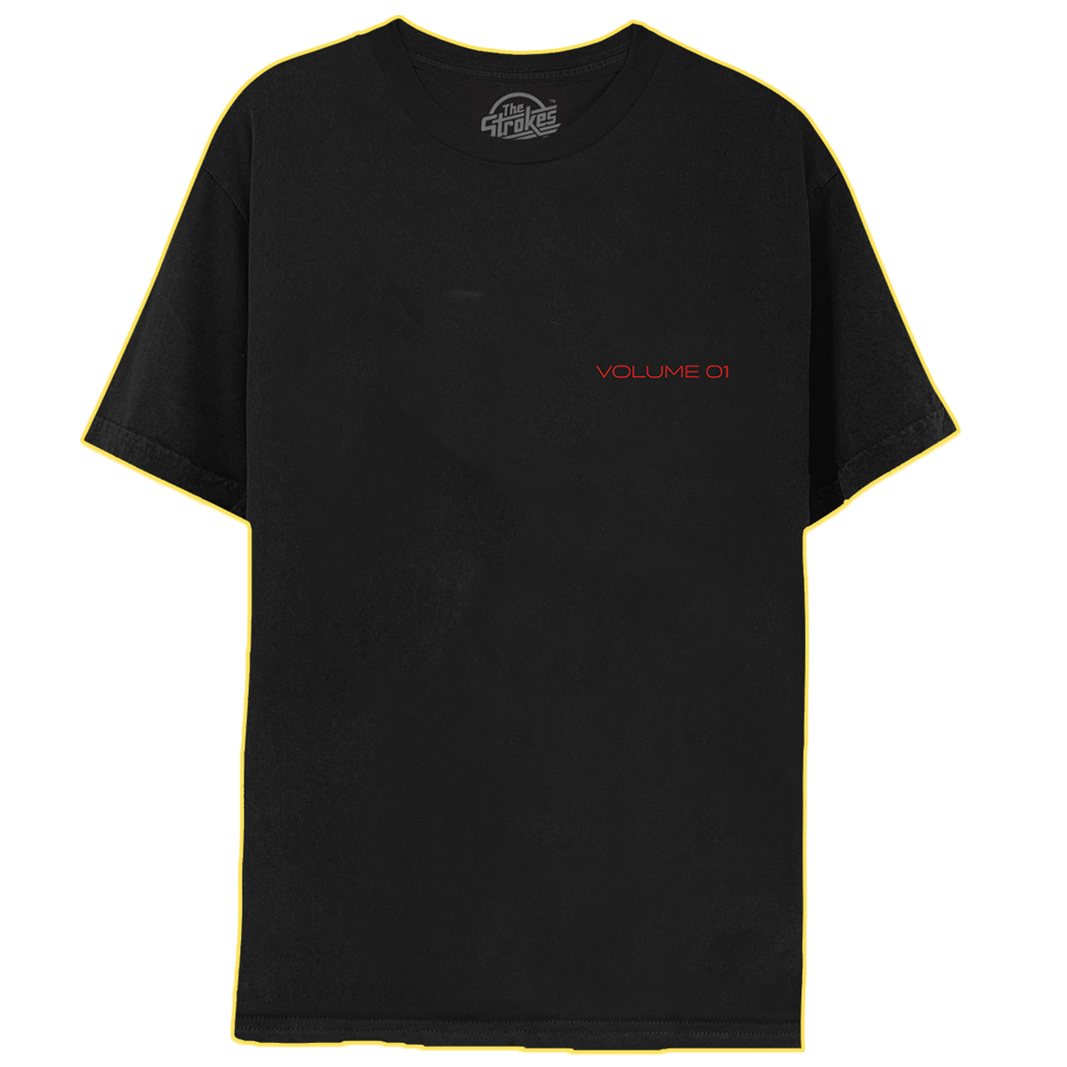The front of a shirt with the text 'VOLUME 01' printed in red on the front pocket area. 