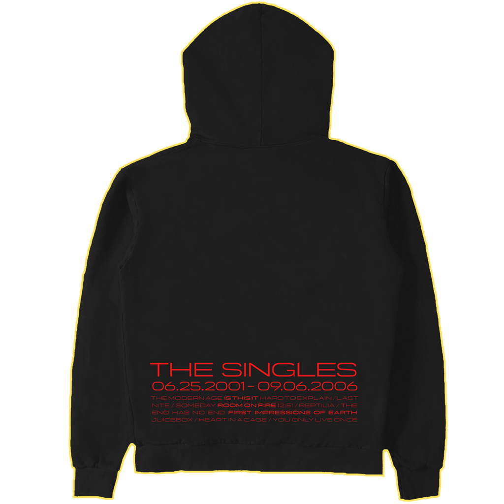 The back of a Black hoodie with 'The Singles Volume 01' text printed in red on the lower back with a list of the single tracks. 