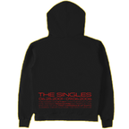 The back of a Black hoodie with 'The Singles Volume 01' text printed in red on the lower back with a list of the single tracks. 